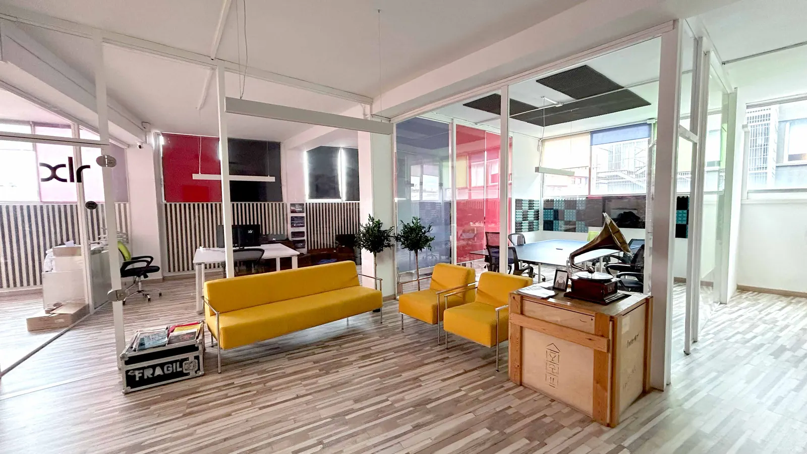Zona chill out de CREMA Studio con sofás amarillos y plantas